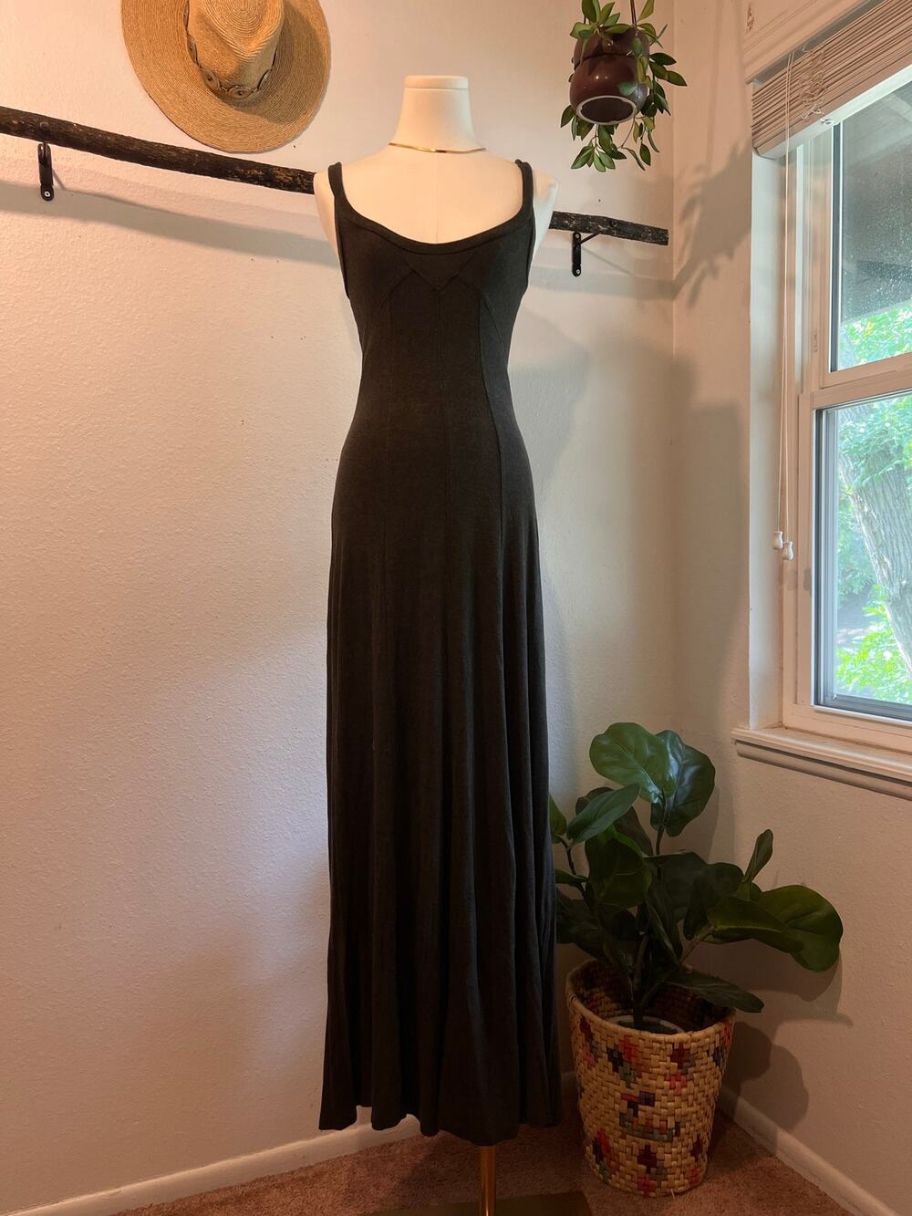 HEATHER Olive Gray Ribbed Corset Stitched Maxi Dress Size Small USA Made